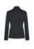A black mid-length women's blazer featuring a two-button front and button detailing on the sleeves.