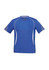 A blue short sleeve tee with a v-neck and white detailing, featuring a logo on the front.