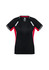 A black and red short sleeve tee with a v-neck and contrasting side panels, featuring a logo.