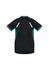 A black women's short sleeve tee with turquoise side panels and a logo.