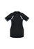A black women's short sleeve tee featuring blue accents and a logo on the back.
