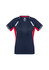 A navy and red women's short sleeve tee featuring a V-neck and reflective details, with a logo on the collar.