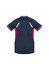 A short sleeve tee in navy with red accents and a branding logo on the back.