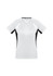 A short sleeve women's tee in white with black sides, featuring a logo on the chest.