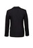 A black women's longline jacket, featuring a tailored fit and buttons on the sleeves. It includes a logo.