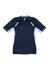 A navy blue short sleeve tee featuring contrasting light blue side panels and a logo on the neckline.