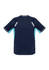 A navy blue short sleeve tee with light blue accents and reflective detailing, featuring a logo.