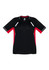 A black short sleeve tee with red accents and contrasting details, featuring a logo.