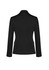 A black mid-length jacket featuring a two-button design and a fitted silhouette, with a logo on the back.