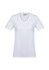 A white short sleeve tee with a V-neck design, featuring a logo on the label.