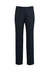 A pair of navy flat front pants for men, featuring a classic design and a waistband with a logo.