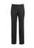A pair of black flat front slacks featuring a sleek design and a logo on the waistband.
