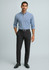 A model wearing a blue and white checked shirt paired with black slimline pants and black shoes. The image features branding.