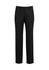 A pair of black slacks with an adjustable waist, featuring a sleek design and a logo on the waistband.