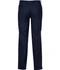Navy adjustable waist pants with a straight cut and two back pockets, featuring a logo. Ideal for casual or formal wear.