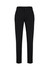 A pair of black slim fit flat front pants with a sleek design and a branding logo on the waistband.