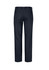 A pair of dark grey men's flat front slacks with a smooth finish and two rear pockets. Features a logo on the waistband.
