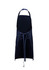 A navy blue apron featuring adjustable neck straps and a tie at the waist. The design includes a logo.