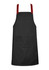 A black apron with red straps and a front pocket, featuring a branding logo.