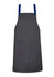 A grey apron with blue straps and a front pocket, featuring a branding logo on the straps.