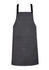 A grey apron featuring black straps and a front pocket. It has a simple design with a logo visible.