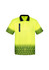 A bright yellow hi-vis short sleeve polo shirt with a gradient design and a pocket, featuring a logo.