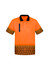 A bright orange short sleeve polo shirt with a contrasting black collar and geometric design on the bottom, featuring a pocket.