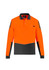 A long sleeve polo in bright orange with grey detailing, featuring a pocket and a logo.