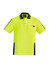 A bright yellow short sleeve polo shirt with black accents and stripes, featuring a pocket and logo.