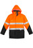 A men's hi vis storm jacket featuring bright orange and black colours, with reflective stripes and a hood.