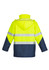 A hi-vis storm jacket featuring bright yellow and navy blue colours, with reflective stripes and a hood.