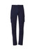 A pair of men's curved cargo pants in navy blue, featuring multiple pockets and a logo.