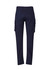 Curved cargo pants in navy blue with side pockets and a fitted style. The back view highlights the sleek design.