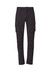 A pair of black cargo pants with curved design and multiple pockets, featuring a branding logo.