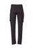 Black cargo pants featuring curved design and multiple side pockets, with a logo visible on the back.
