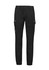 A pair of black cuffed work pants featuring cargo pockets and a logo on the waistband.