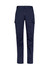 Navy work pants featuring cargo pockets and a fitted design, showcasing a logo on the front.