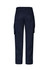 Navy cargo pants with a rugged design and stretch fabric, featuring side pockets and a logo on the back.