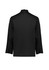 A black long sleeve chef jacket with a back view, featuring a structured design and a logo on the sleeve.