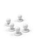 A set of five white chef jacket buttons displayed on a plain background.