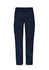 Navy work pants featuring multiple cargo pockets and a button closure. Includes a logo on the waistband.