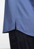 A blue short sleeve chef shirt with a split hem, paired with dark trousers, featuring a logo.