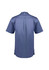 A short-sleeve chef shirt in navy blue with a back pleat and a logo on the neckline.