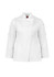 A white long sleeve chef jacket featuring a sleek design and a logo on the sleeve.