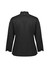 A black women's long sleeve chef jacket with a collar and button closure at the back, featuring a logo.