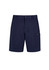 Men's lightweight outdoor shorts in navy blue, featuring a front button closure and a side pocket with branding.