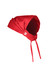 A red chef bandana with ties at the back and a logo on the side.