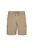 Men's beige board shorts with an elastic waistband, side pockets, and a logo on the side.