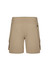 Men's beige board shorts with an elastic waistband and rear pockets, featuring a branding logo.