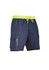 Men's navy board shorts with a contrast neon green waistband and drawstring, featuring cargo pockets and branding.